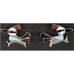 Zuni Sterling Inlay Roadrunner Earrings