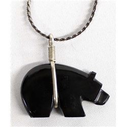 Zuni Onyx Bear Fetish Pendant Necklace