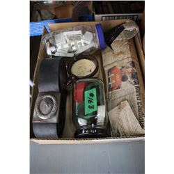 Box with Misc. Razor Blades, Shaving Cup, Jar w/Painted Bones, Waist Belt w/Swastika, etc.