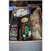 Image 1 : Box with Misc. Razor Blades, Shaving Cup, Jar w/Painted Bones, Waist Belt w/Swastika, etc.