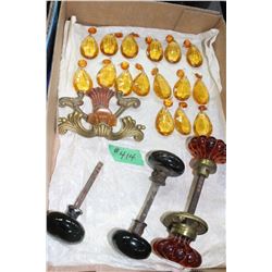 Box of Amber Chandelier Crystals; 2 Drawer Pulls with Bakelite Accessories; Amber Glass Door Knobs &