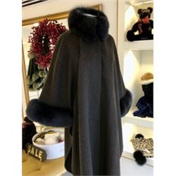 brown wool cape with matching fox trim from Finland on the collar and cuffs
