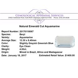 4.00 ct.Natural Emerald Cut Aquamarine