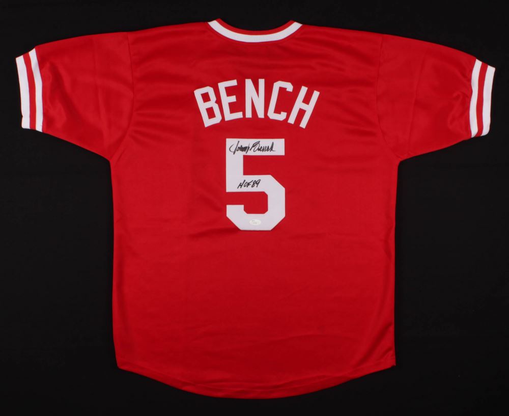 Johnny Bench Signed Cincinnati Reds Jersey Inscribed Hof 89