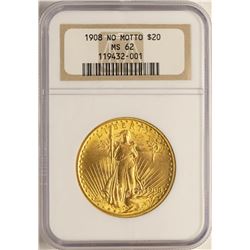 1908 No Motto $20 St. Gaudens Double Eagle Gold Coin NGC MS62