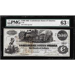 1862 $100 Confederate State of America Note T-39 PMG Choice Uncirculated 63EPQ