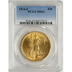 1914-S $20 St. Gaudens Double Eagle Gold Coin PCGS MS63