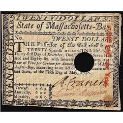 1780 Massachusetts-Bay $20 Colonial Currency Note Signed by Loammi Baldwin