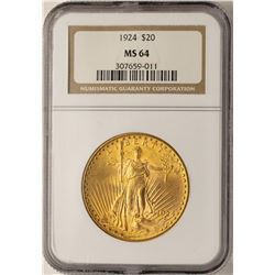 1924 $20 St. Gaudens Double Eagle Gold Coin NGC MS64