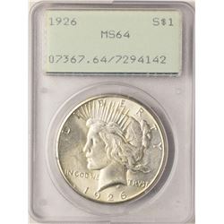 1926 $1 Peace Silver Dollar Coin PCGS MS64 Old Green Rattler Holder
