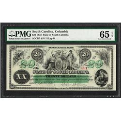 1872 $20 State of South Carolina Revenue Bond Obsolete Note PMG Gem Uncirculated