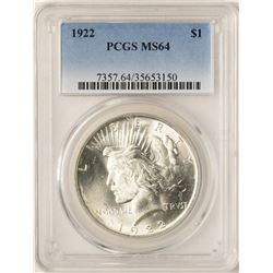 1922 $1 Peace Silver Dollar Coin PCGS MS64