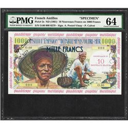 1961 French Antilles 10 Nouveaux Francs on 1000 Francs Specimen Note PMG Choice
