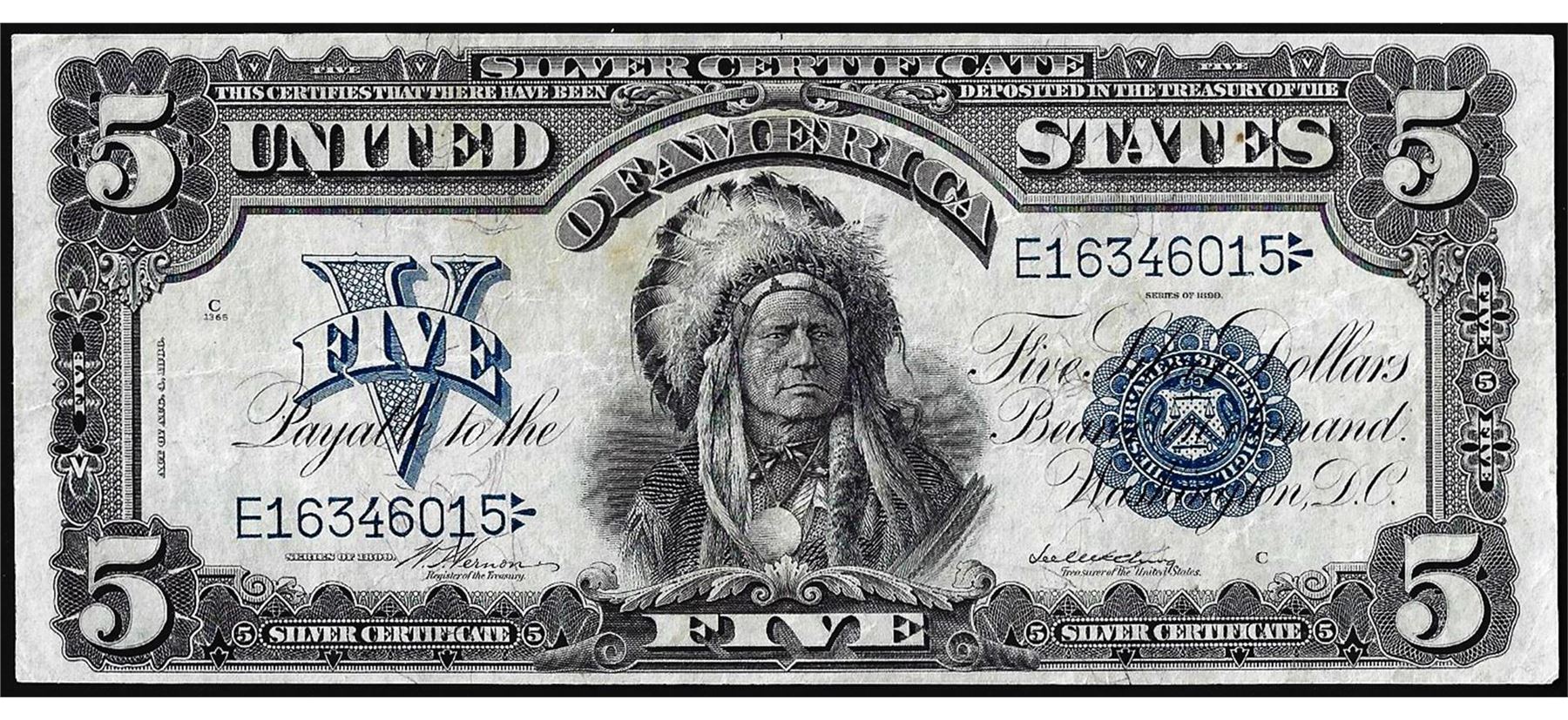 Indian Silver Notes 1899 $5 Indian Chief Silver Certificate Note