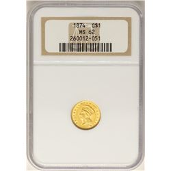 1874 $1 Indian Princess Head Gold Dollar Coin NGC MS62