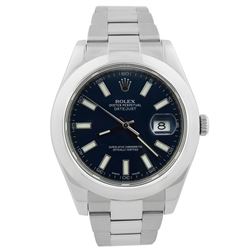 Rolex Mens Datejust II Stainless Steel 41mm Blue Luminous Stick Dial Watch