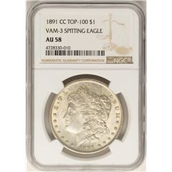 1891-CC $1 Morgan Silver Dollar Coin NGC AU58 Top 100 VAM-3 Spitting Eagle