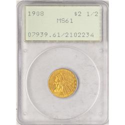 1908 $2 1/2 Indian Head Quarter Eagle Gold Coin PCGS MS61 Old Green Rattler