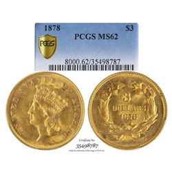 1878 $3 Indian Princess Head Gold Coin PCGS MS62