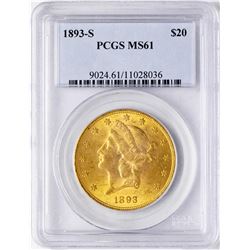 1893-S $20 Liberty Head Double Eagle Gold Coin PCGS MS61