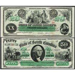 Lot of 1872 $20 & $50 State of South Carolina Revenue Bond Obsolete Notes