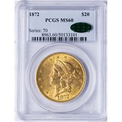 1872 $20 Liberty Head Double Eagle Gold Coin PCGS MS60 CAC