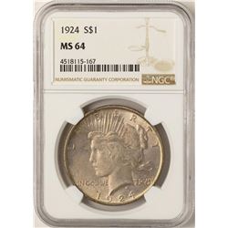 1924 $1 Peace Silver Dollar Coin NGC MS64