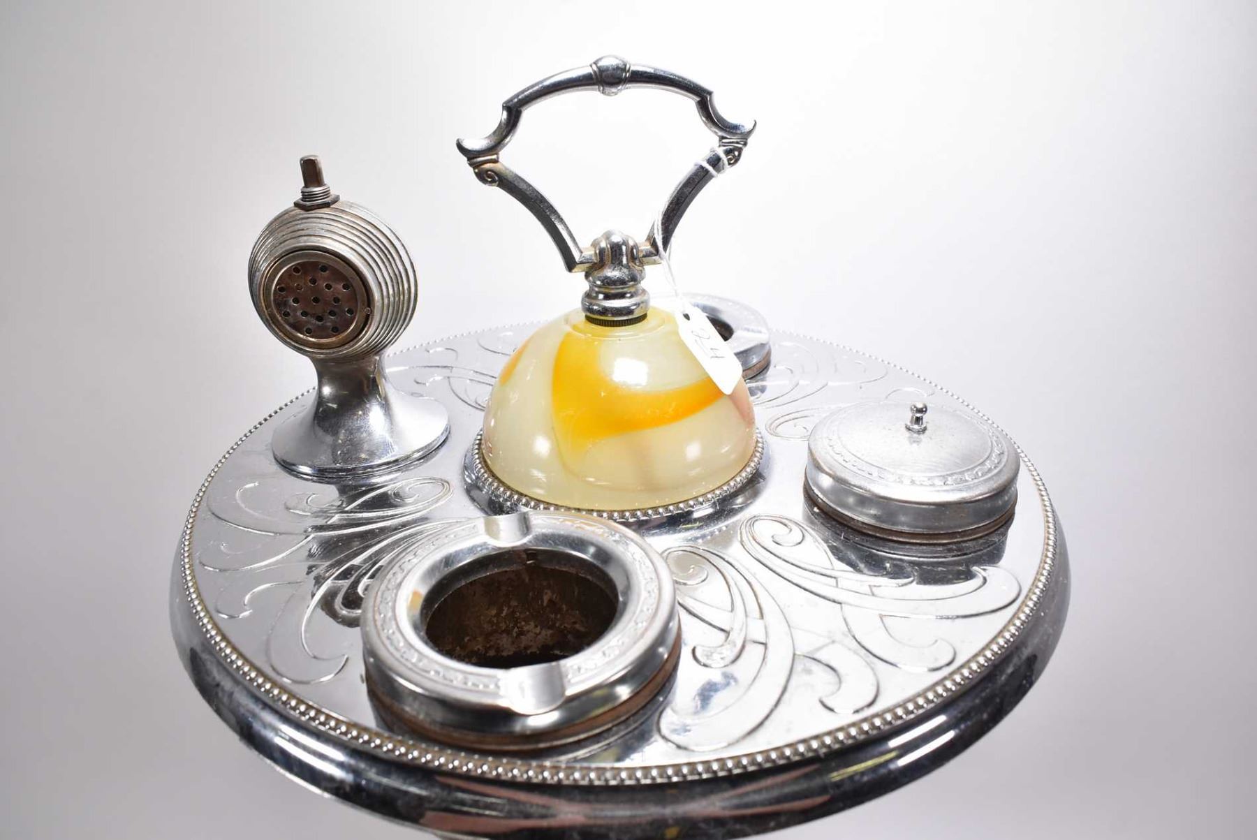 Vintage cast metal, chrome and glass illuminated ash stand with two ...