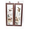 Image 1 : Pair of framed Famille rose lotus and bird pond tiles, each overall dimensions 17" X 6"