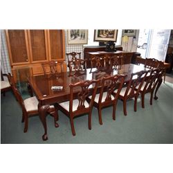 Chippendale style rosewood dining table with two large insert leaves extending the table to 10' in t