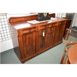 Antique ribbon grain mahogany empire style sideboard with low backboard, multiple drawers and doors,