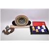 Image 1 : Art deco poker set, Victorian camel motif ink well and a Deco stone clock