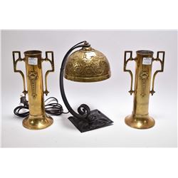 Pair of Victorian brass spill vases and a bent wrought iron lamp with pressed brass shade