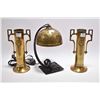 Image 1 : Pair of Victorian brass spill vases and a bent wrought iron lamp with pressed brass shade