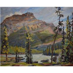 Framed oil on board painting titled "Mt. Kerkeslin and the top of Athabasca falls" by artist J. Gord