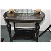 Image 1 : Antique ebonized console table with under shelf, featuring spindled galley, overall brass inlaid inc