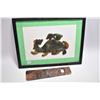 Image 1 : Framed spinach jade mosaic "Turtle Dragon" overall dimensions 13" X 17" and an Oriental calligraphic