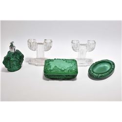 Vintage malachite glass lidded dresser box, perfume and pin tray plus a pair of colourless glass dou