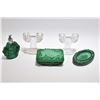 Image 1 : Vintage malachite glass lidded dresser box, perfume and pin tray plus a pair of colourless glass dou