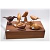 Image 1 : Six hand carved wooden birds, all signed or labelled by artist Randall Coles plus a wooden lidded bo