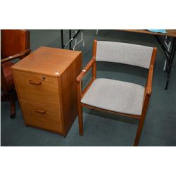 Two drawer teak filing cabinet and an open arm office chair