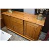Image 1 : Pine two door, four drawer sideboard, a single drawer side table and round 24" wall mirror