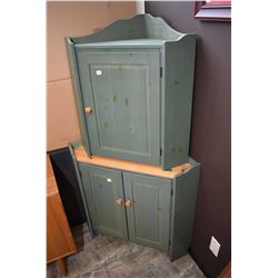 Semi contemporary two piece pine corner cabinet with wall mount upper cabinet and floor standing bas