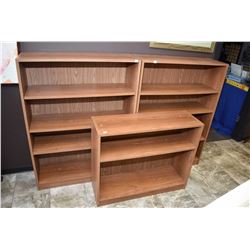 Three modern faux wood bookshelves