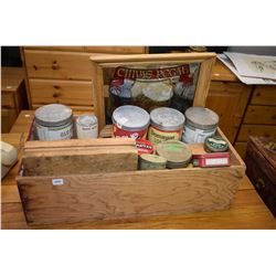 Wooden box containing a large selection of tobacco tins, wooden candle molds, bar mirror etc.