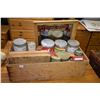 Image 1 : Wooden box containing a large selection of tobacco tins, wooden candle molds, bar mirror etc.