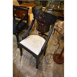 Modern Chinoserie style papier mache finish side chair with hand painted back panel and upholstered 