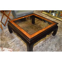 Oriental motif 39" square coffee table with bevelled glass top