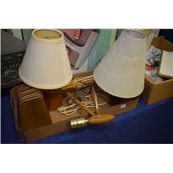 Selection of mid century teak including bookends, two small lamps and wall mount accordion pull out 