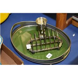 Drinks tray with pewter galley, antique silver-plate toast rack and small sterling goblet
